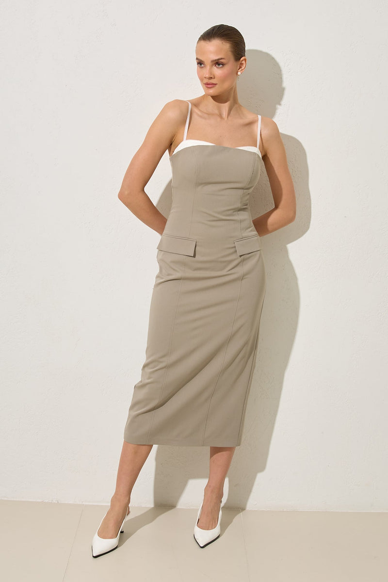Setre Thin Strap Collar And Pocket Detailed Midi Dress Olive