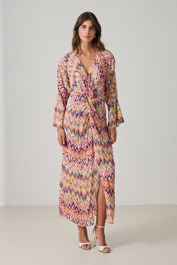 Setre V Neck Patterned Long Sleeve Dress Purple