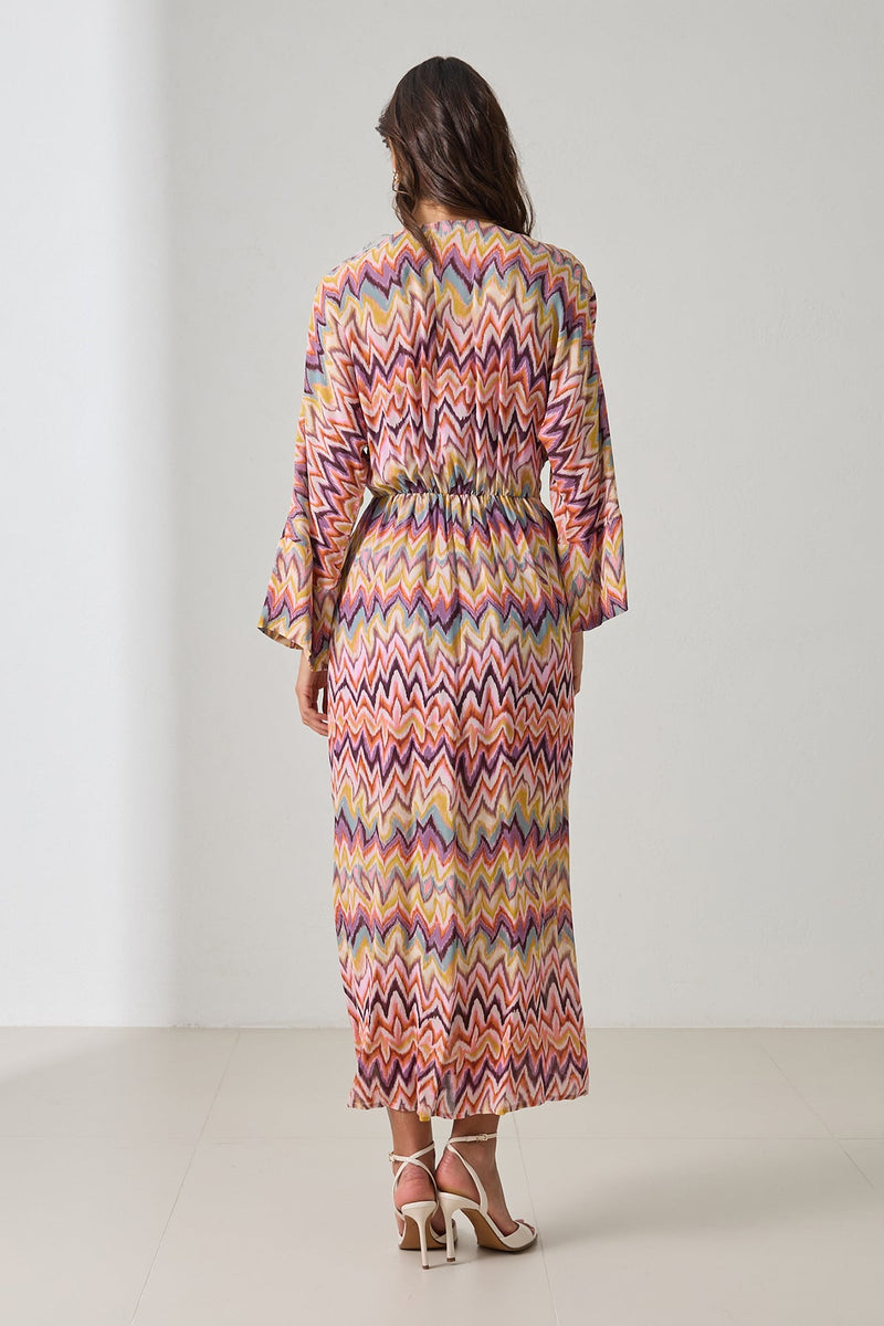 Setre V Neck Patterned Long Sleeve Dress Purple