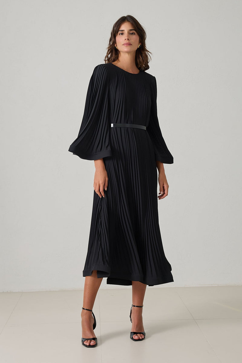 Setre Waist Belt And Pleat Detailed Midi Length Dress Black