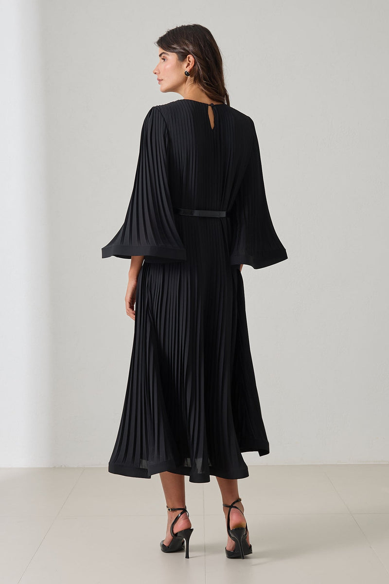 Setre Waist Belt And Pleat Detailed Midi Length Dress Black
