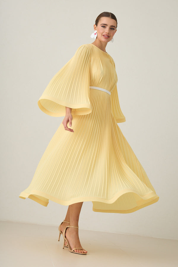 Setre Waist Belt And Pleat Detailed Midi Length Dress Light Yellow