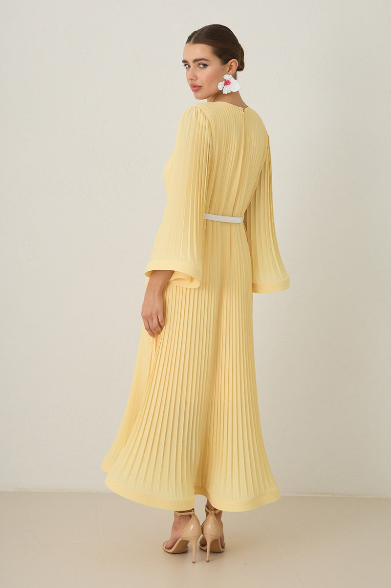 Setre Waist Belt And Pleat Detailed Midi Length Dress Light Yellow