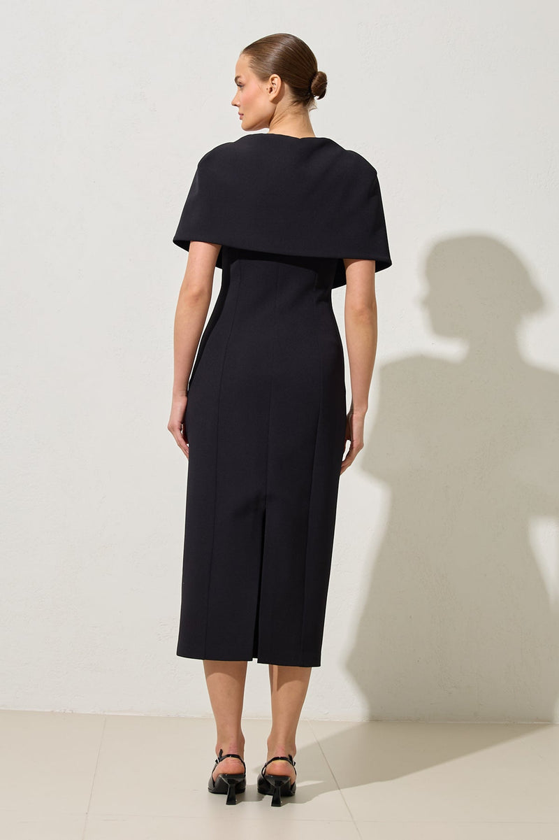 Setre Collar Detailed Full Cut Midi Length Dress Black