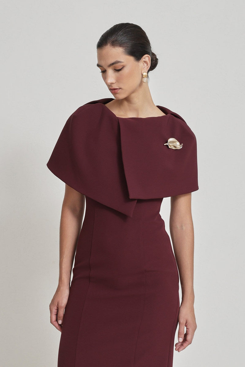Setre Collar Detailed Full Cut Midi Length Dress Burgundy