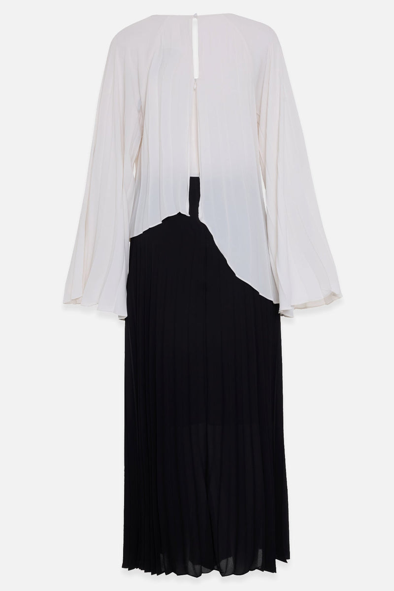 Setre Crew Neck Pleated Detailed Two-Tone Dress Black/Ecru