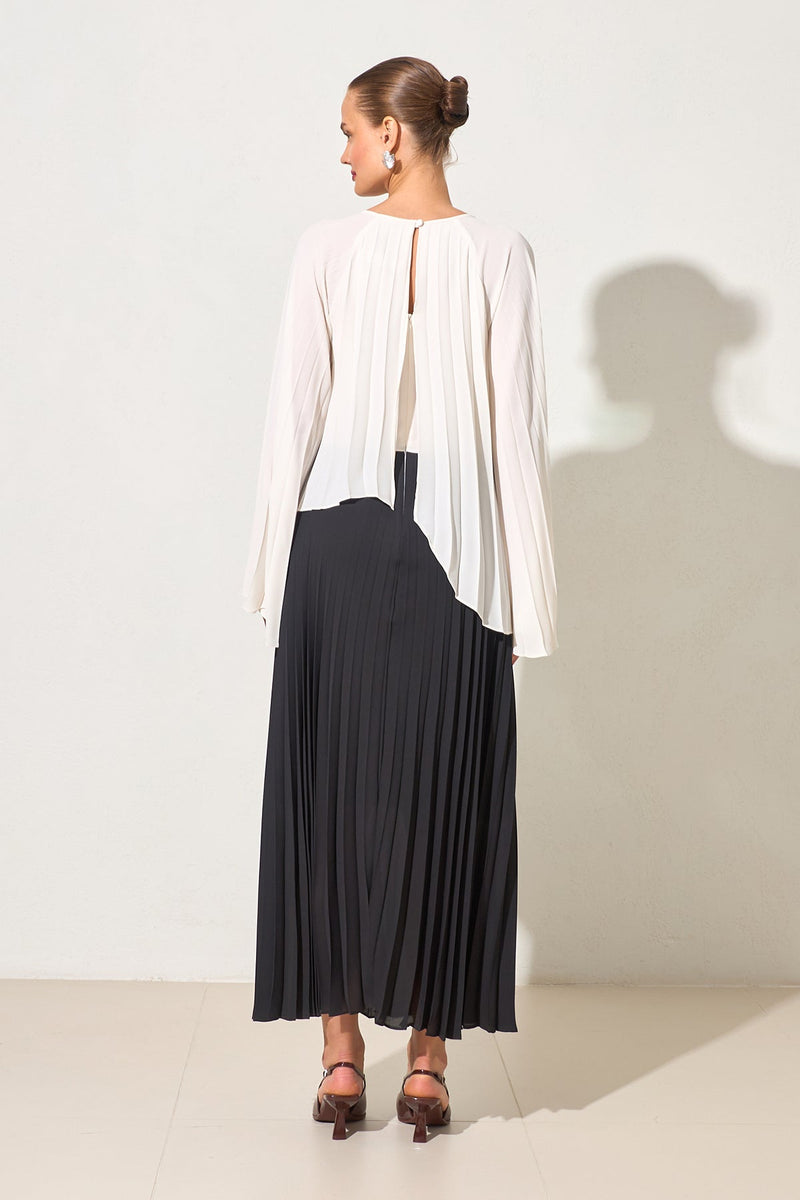 Setre Crew Neck Pleated Detailed Two-Tone Dress Black/Ecru