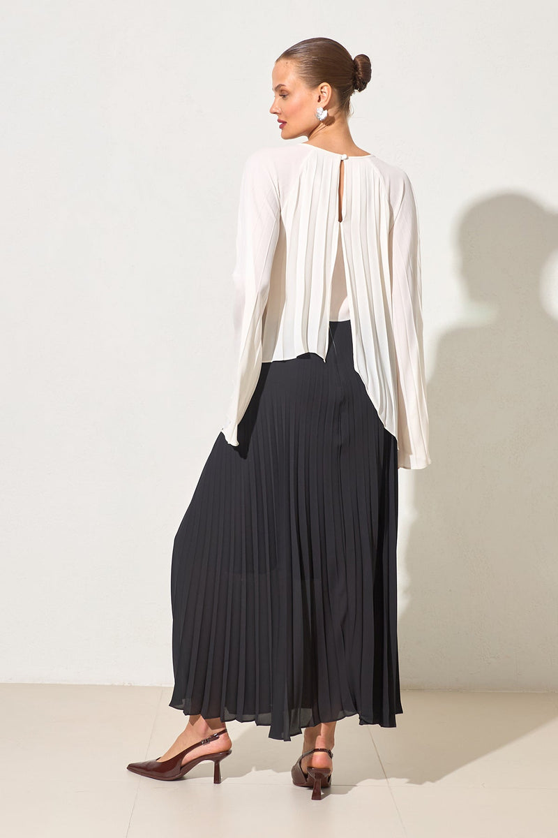 Setre Crew Neck Pleated Detailed Two-Tone Dress Black/Ecru