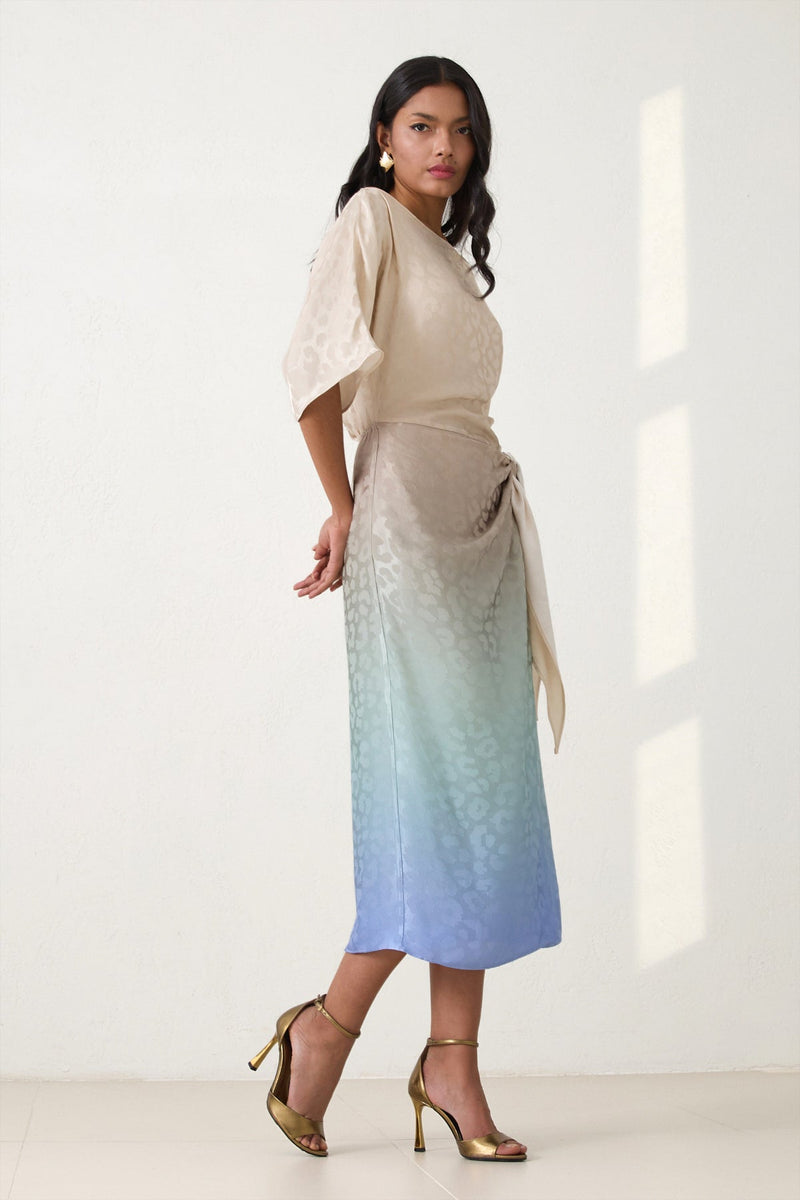 Setre Waist Tie Detail Patterned Dress Beige