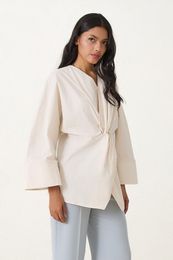 Setre V Neck Gathered Detail Cotton Shirt Cream
