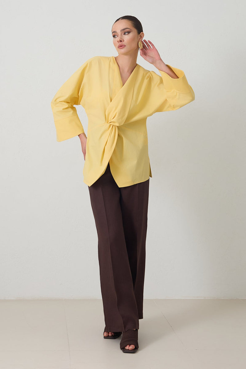 Setre V Neck Gathered Detail Cotton Shirt Light Yellow