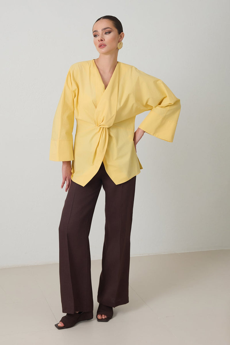 Setre V Neck Gathered Detail Cotton Shirt Light Yellow