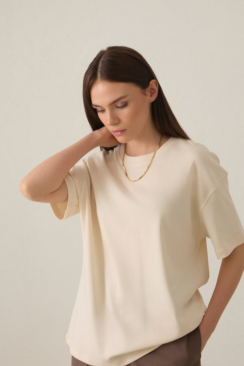 Setre Cotton Basic Short Sleeve Oversize T-Shirt Cream