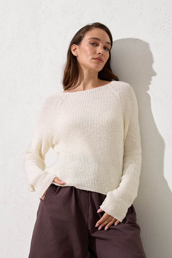 Setre Wide Neck Relaxed Cut Knit Blouse Ecru