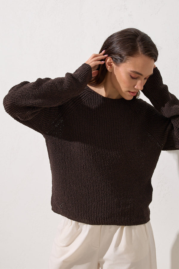 Setre Wide Neck Relaxed Cut Knit Blouse Brown