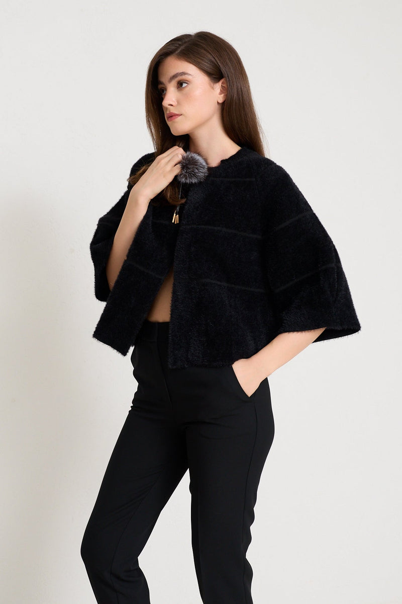 Setre Fur Detailed Short Knitwear Jacket Black