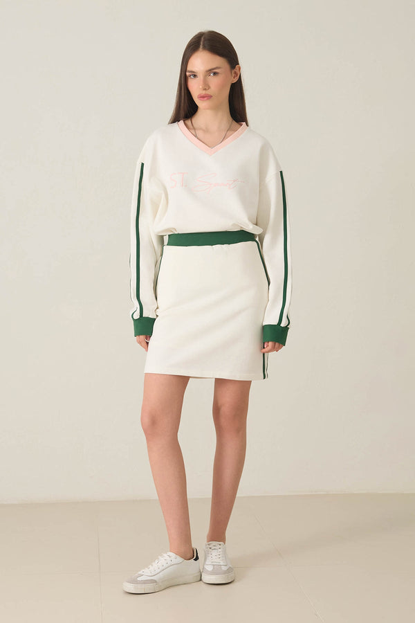Setre V Neck Stripe And Print Detailed Sweatshirt Ecru