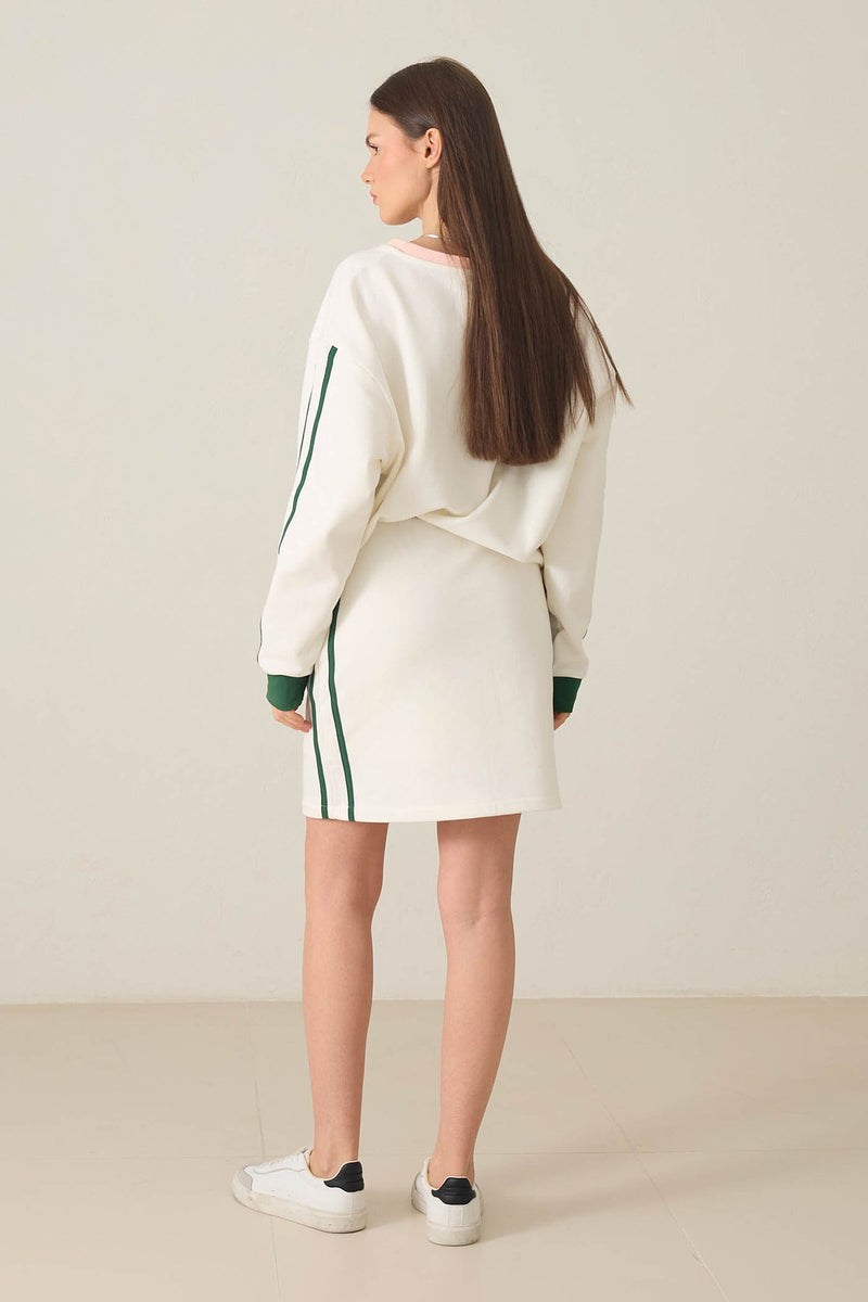 Setre V Neck Stripe And Print Detailed Sweatshirt Ecru