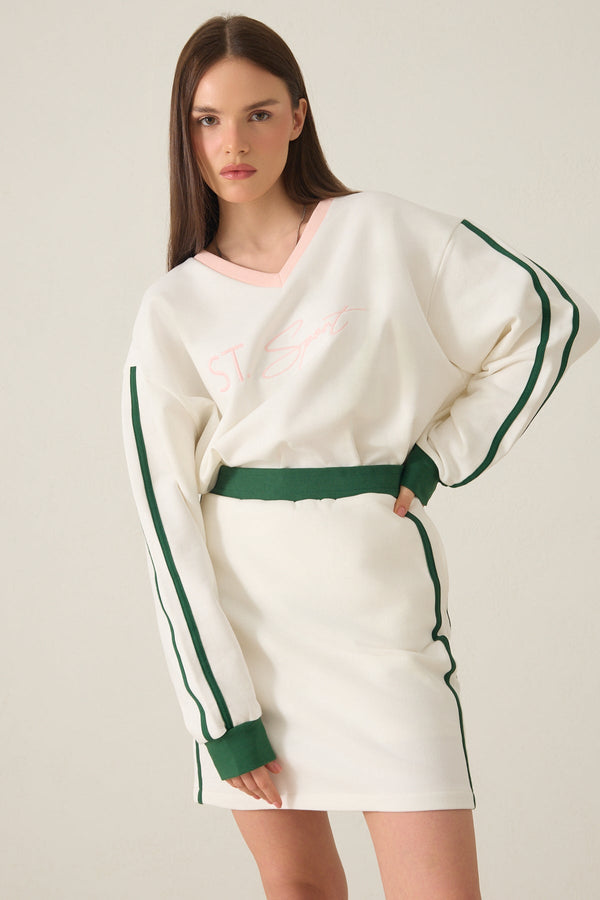Setre V Neck Stripe And Print Detailed Sweatshirt Ecru