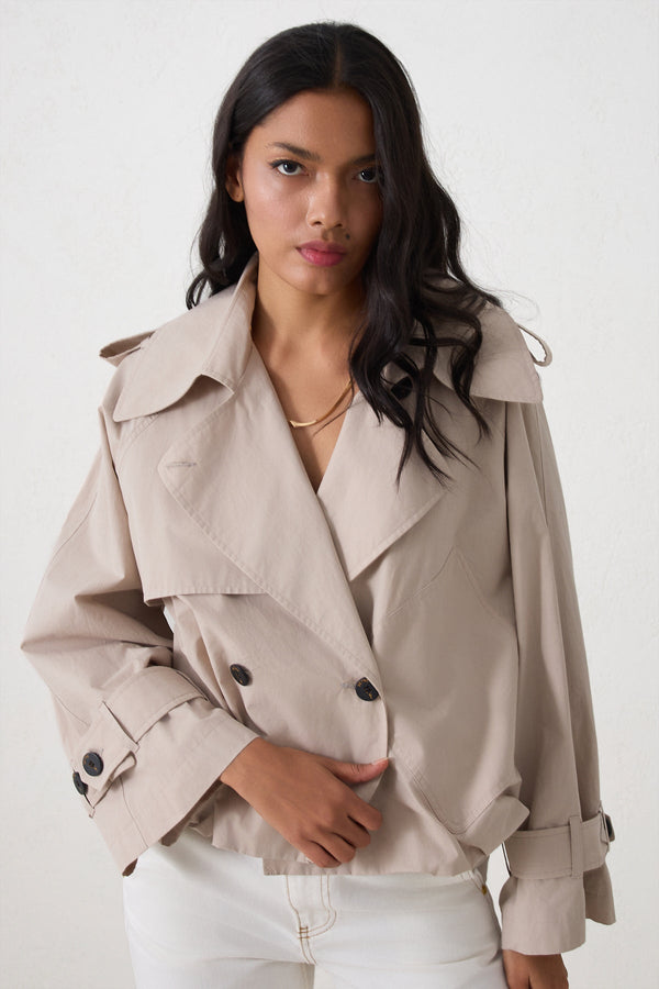 Setre Trench Coat With Collar And Asymmetrical Closure Detail Beige