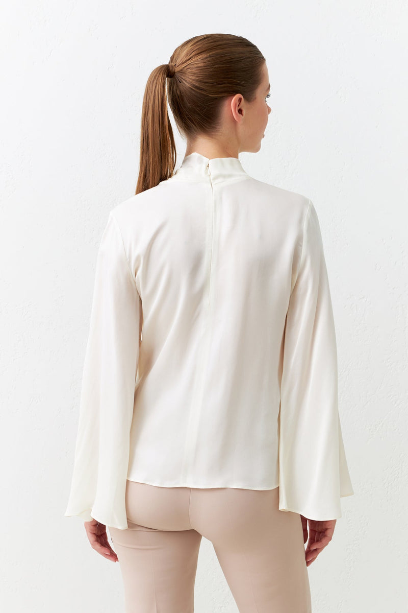 Setre Asymmetrical Neck Detailed Long Sleeve Blouse Ecru