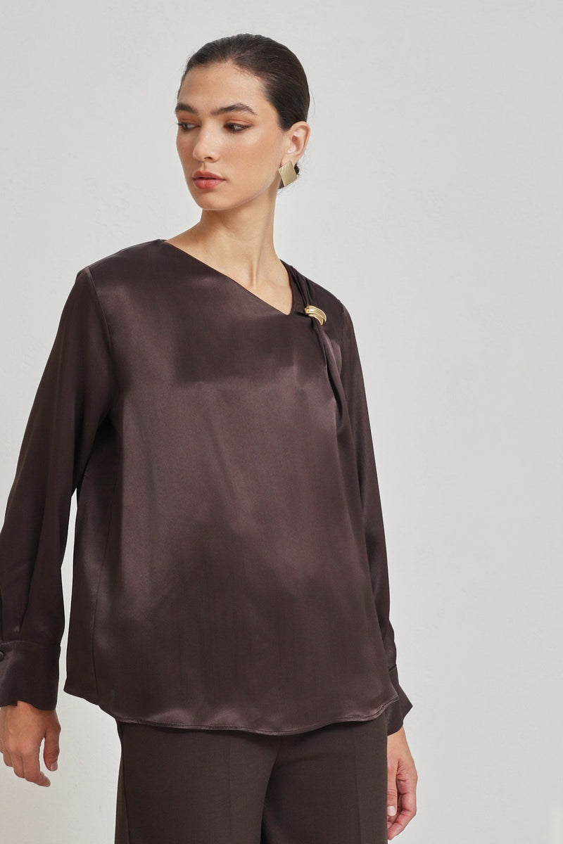 Setre Collar Accessory Detailed Relaxed Cut Blouse Chocolate Brown
