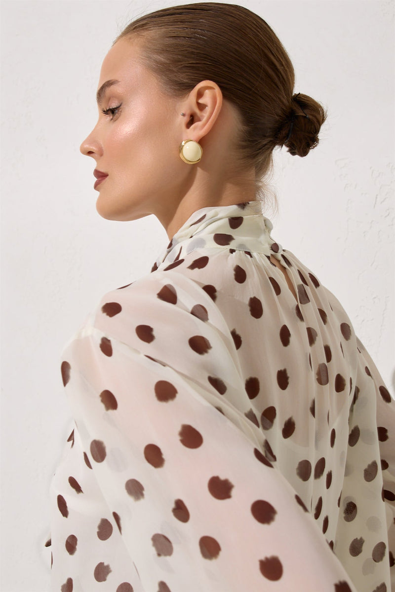 Setre Polka Dot Patterned Blouse With Collar Tie Detail Ecru-Brown
