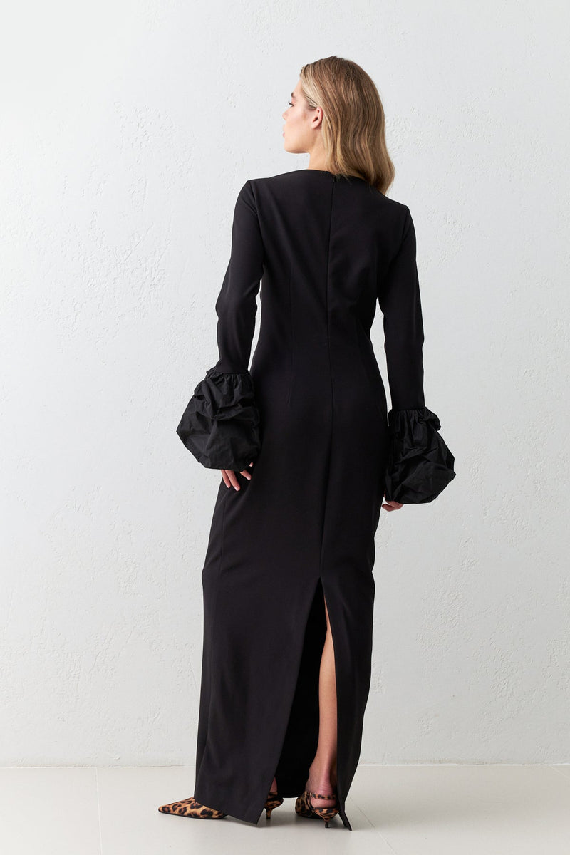 Setre Sleeve Detailed Full Fit Midi Dress Black