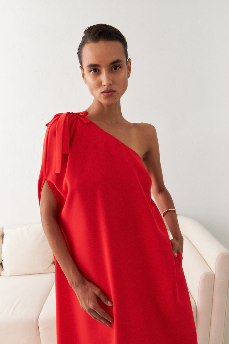 Setre One Shoulder Midi Dress Red