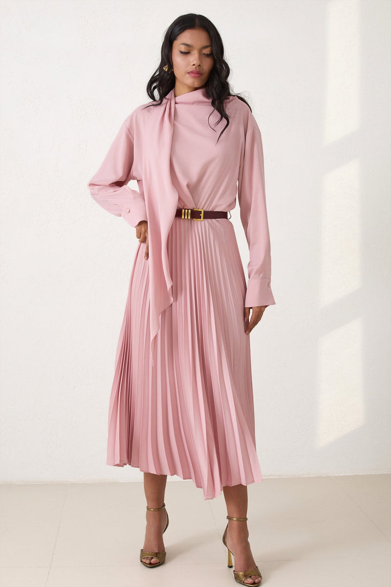 Setre Belt Detailed Pleated Midi Dress Powder Pink