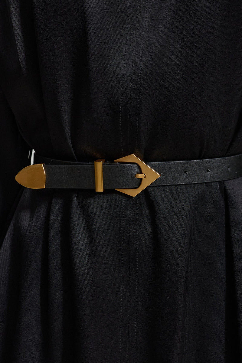 Setre Neck Detailed Waist Belted Dress Black