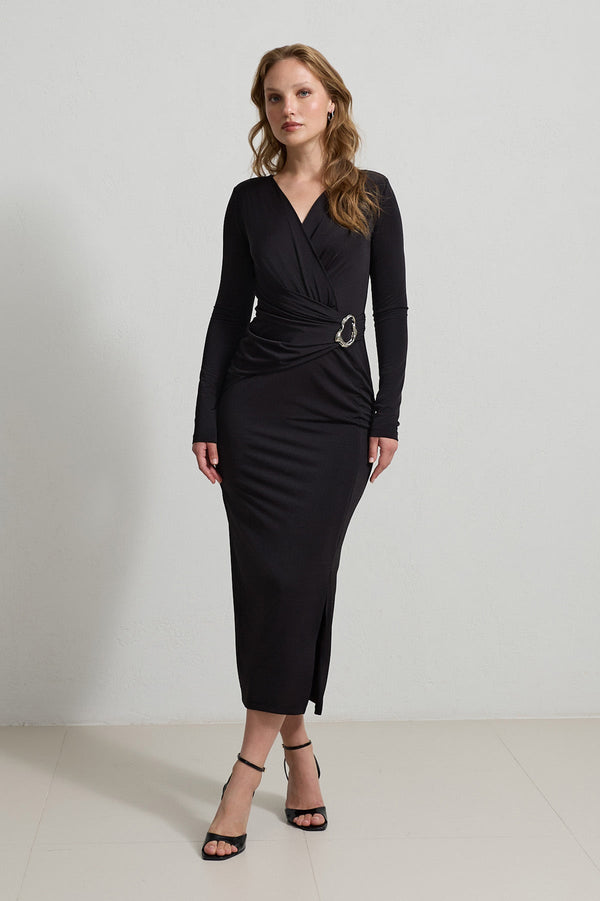 Setre V-Neck Pleated Detail Dress Black