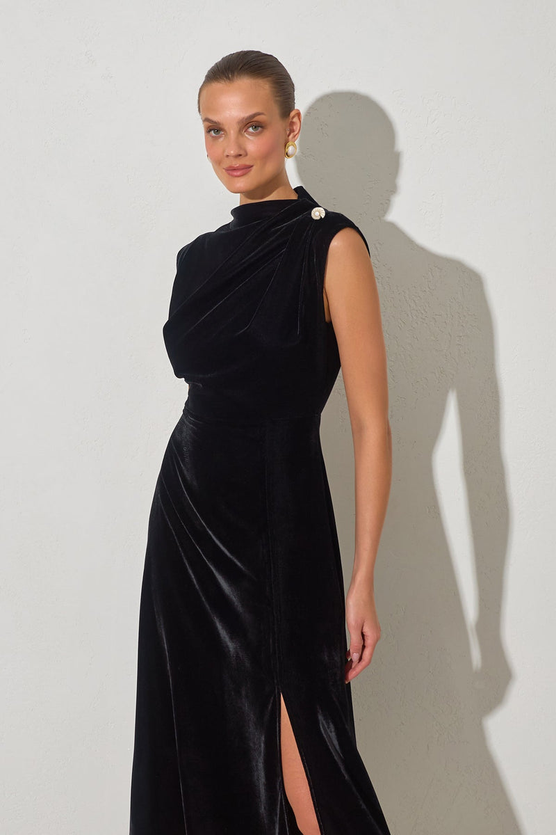 Setre Sleeveless Velvet Dress With Collar Detail Black