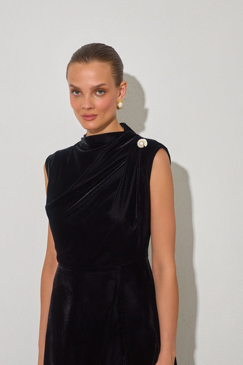 Setre Sleeveless Velvet Dress With Collar Detail Black