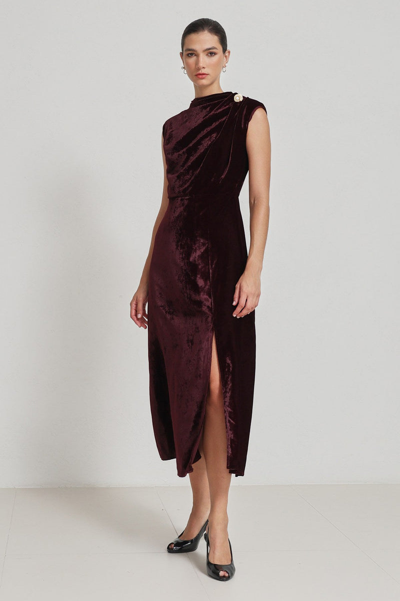 Setre Sleeveless Velvet Dress With Collar Detail Burgundy