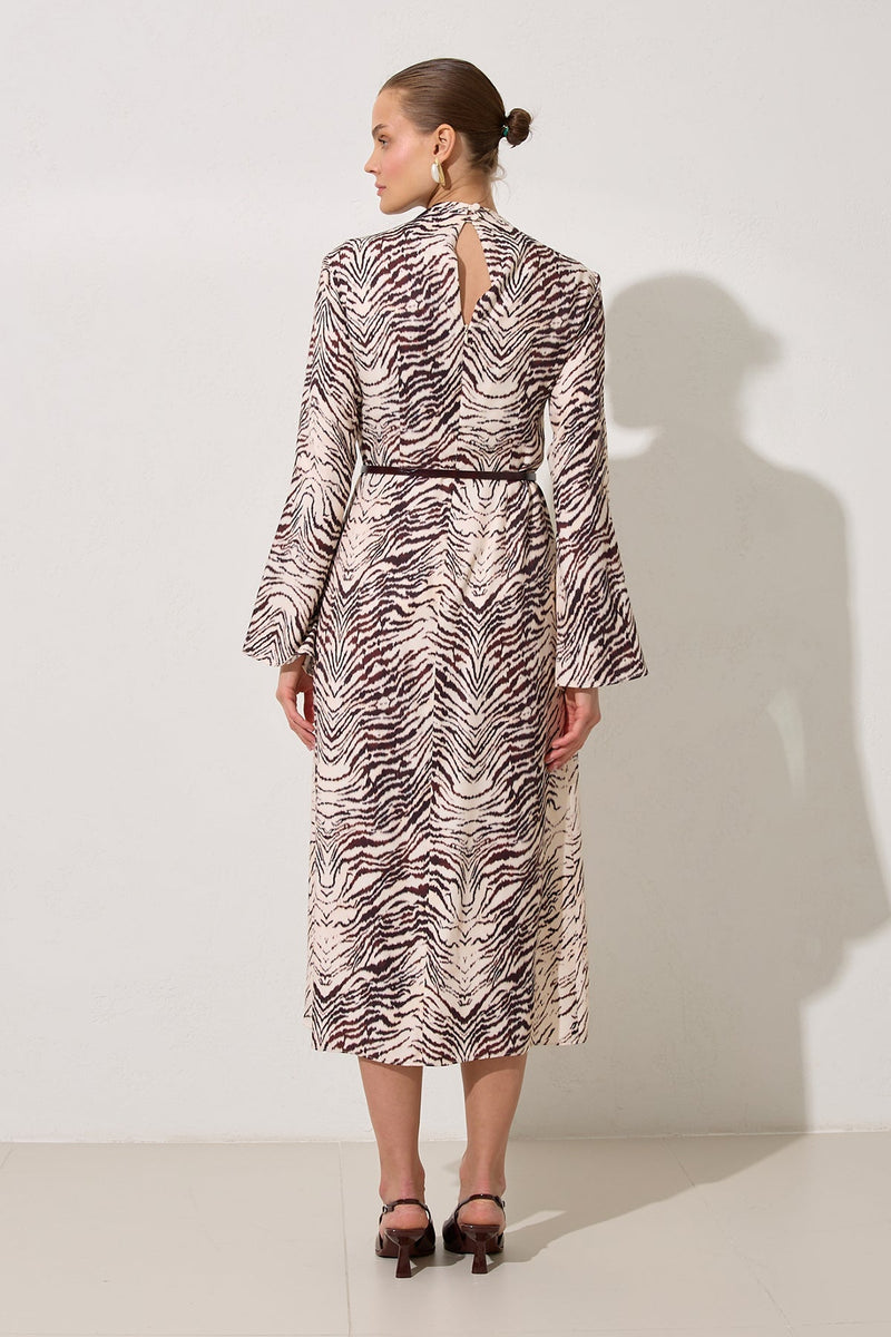 Setre Waist Belt Detailed Long Sleeve Patterned Dress Burgundy/Offwhite