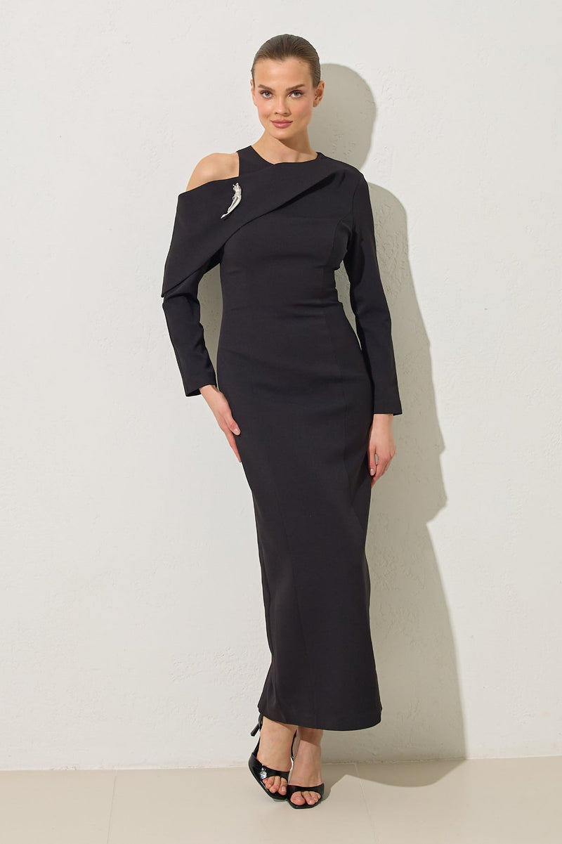 Setre Sleeve Detailed Full Pattern Long Sleeve Dress Black