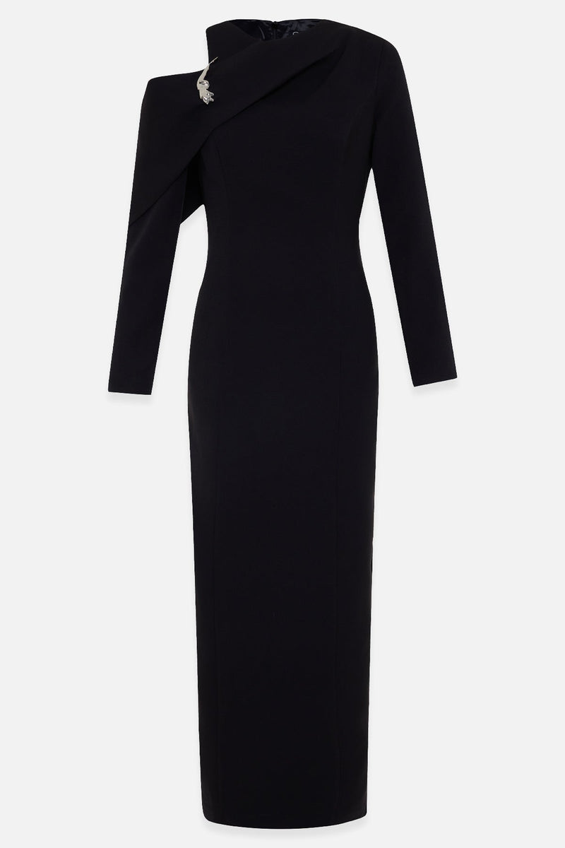 Setre Sleeve Detailed Full Pattern Long Sleeve Dress Black