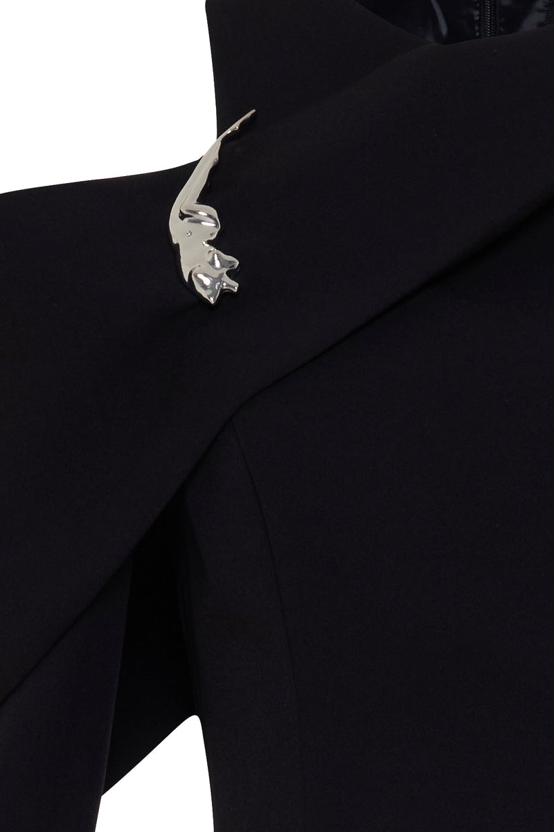 Setre Sleeve Detailed Full Pattern Long Sleeve Dress Black