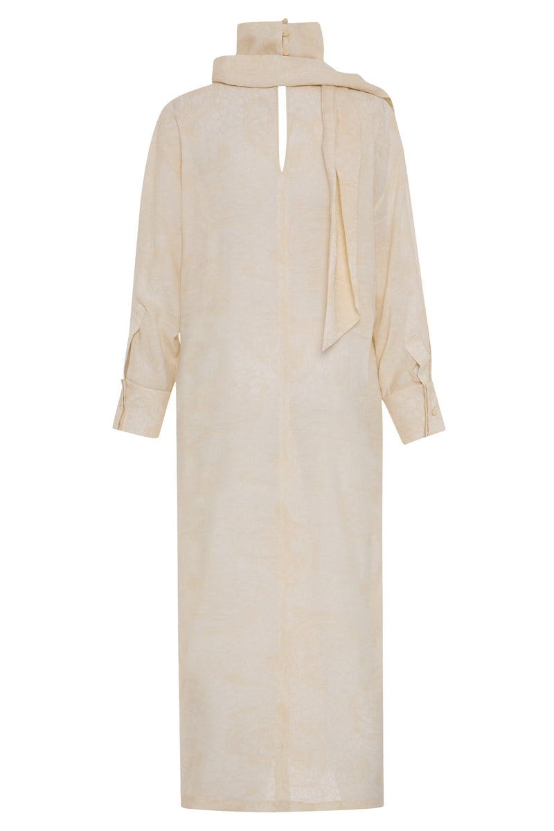 Setre Collar Lace Detailed Patterned Dress Light Yellow