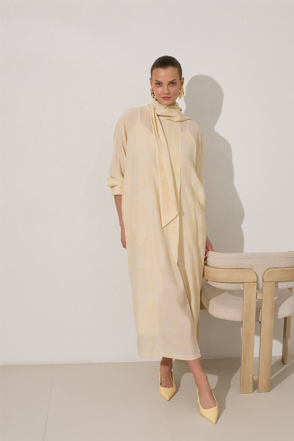 Setre Collar Lace Detailed Patterned Dress Light Yellow