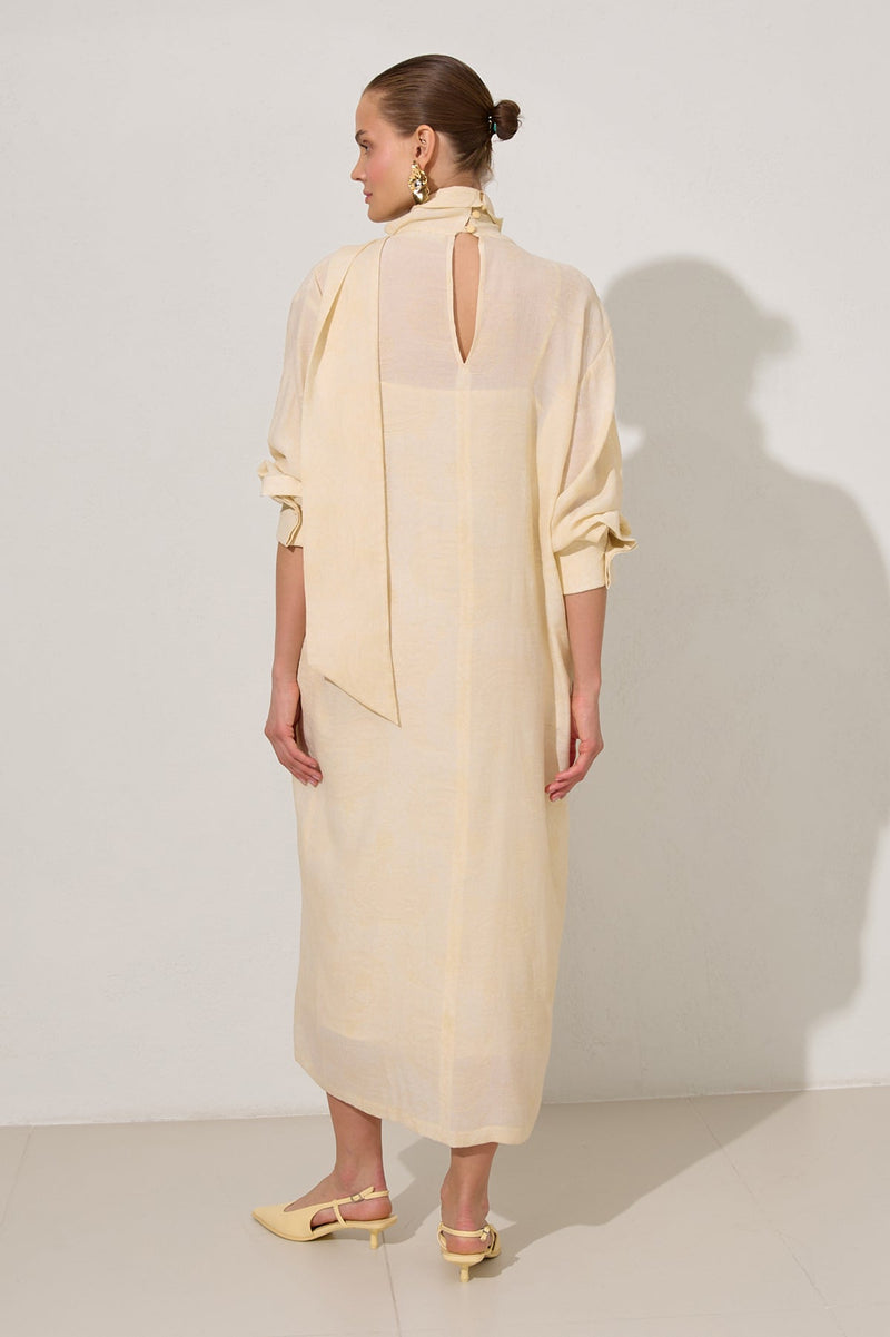 Setre Collar Lace Detailed Patterned Dress Light Yellow