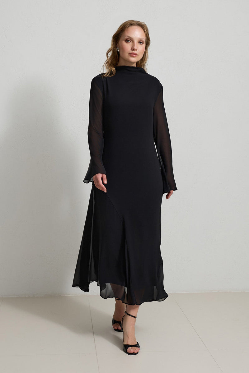 Setre Transparent Sleeve Solid Dress Black
