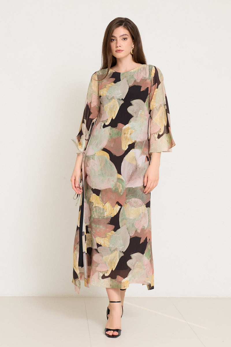 Setre Side Tie Detailed Long Sleeve Patterned Dress Black/Yellow