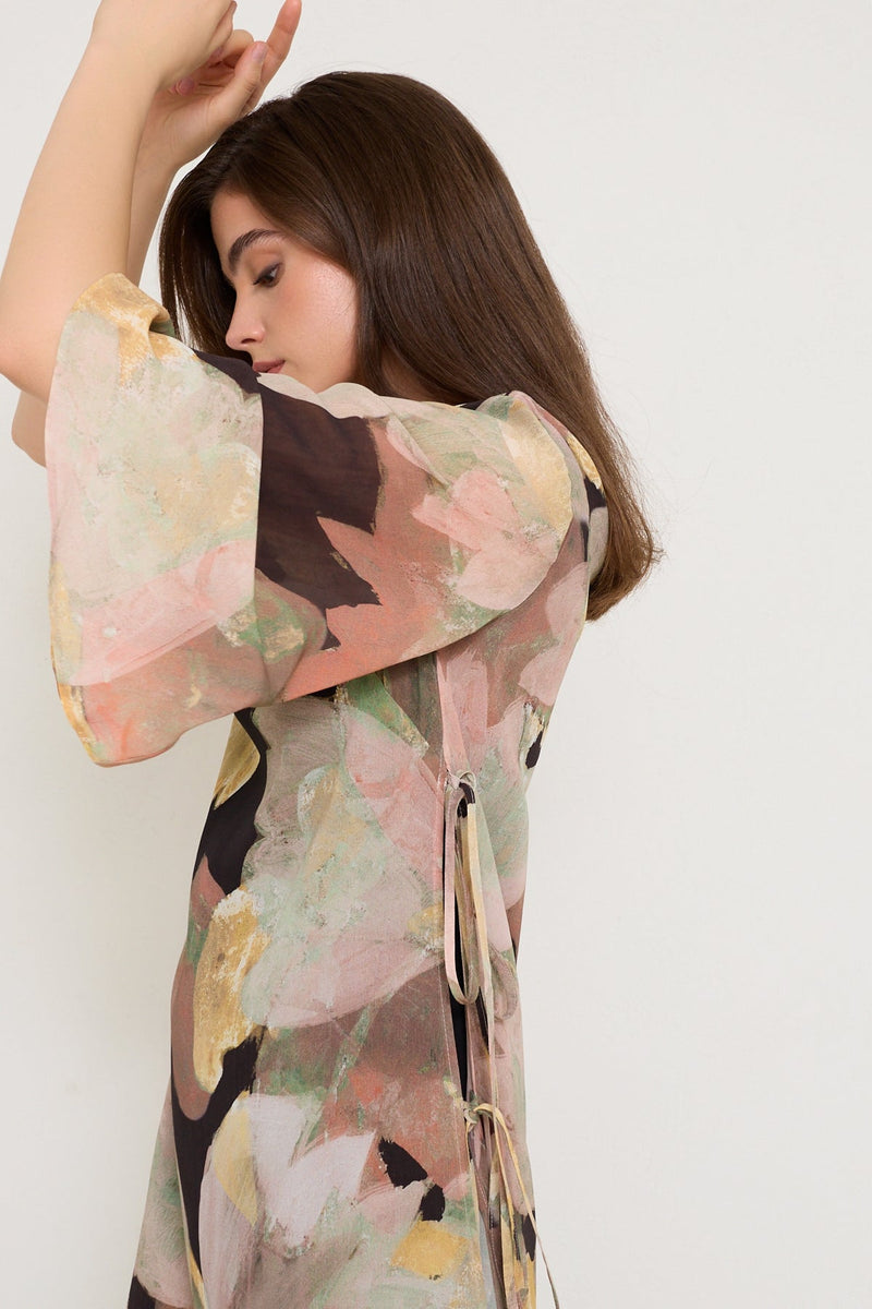 Setre Side Tie Detailed Long Sleeve Patterned Dress Black/Yellow