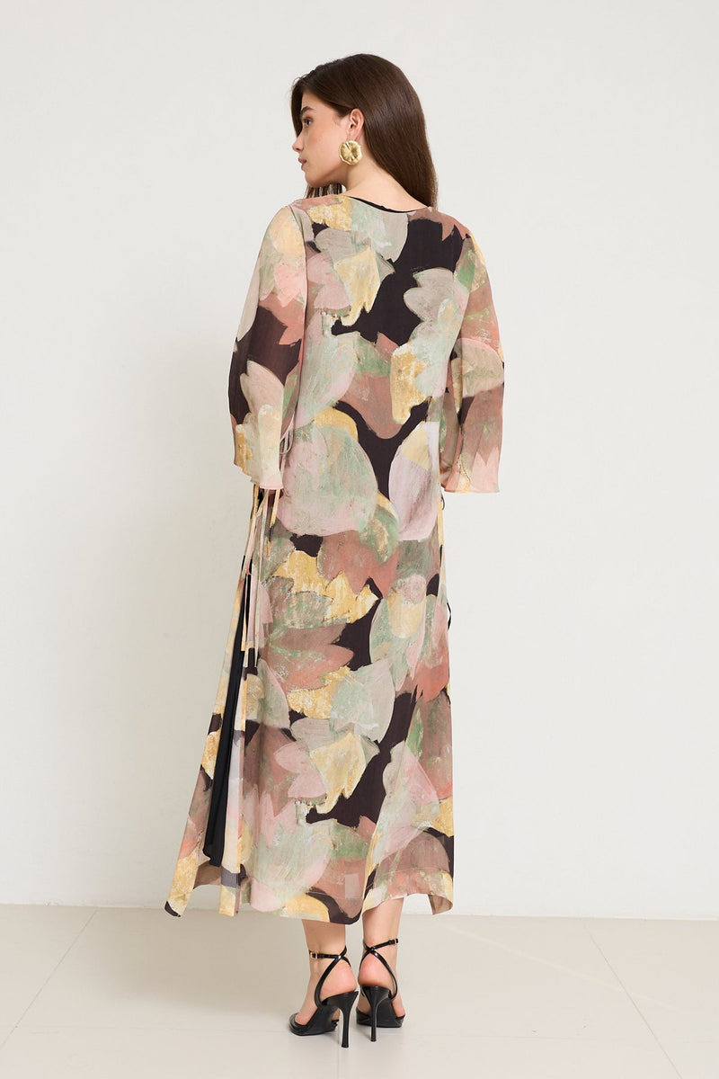 Setre Side Tie Detailed Long Sleeve Patterned Dress Black/Yellow