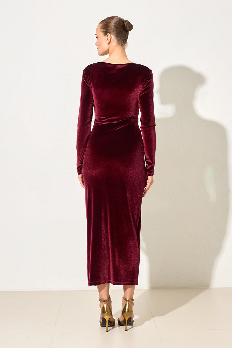 Setre Waist Accessory Detailed Velvet Midi Dress Burgundy
