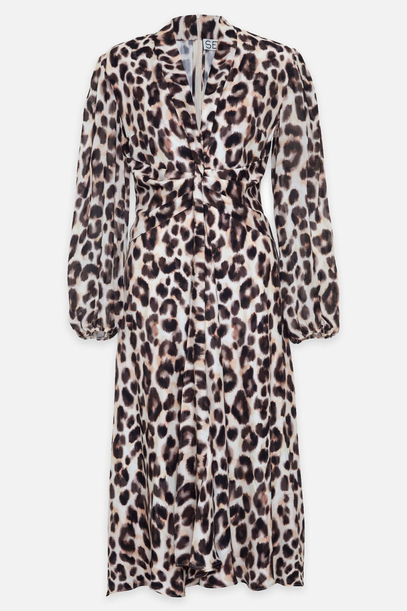 Setre Collar Detailed Leopard Print Dress Cream Multi