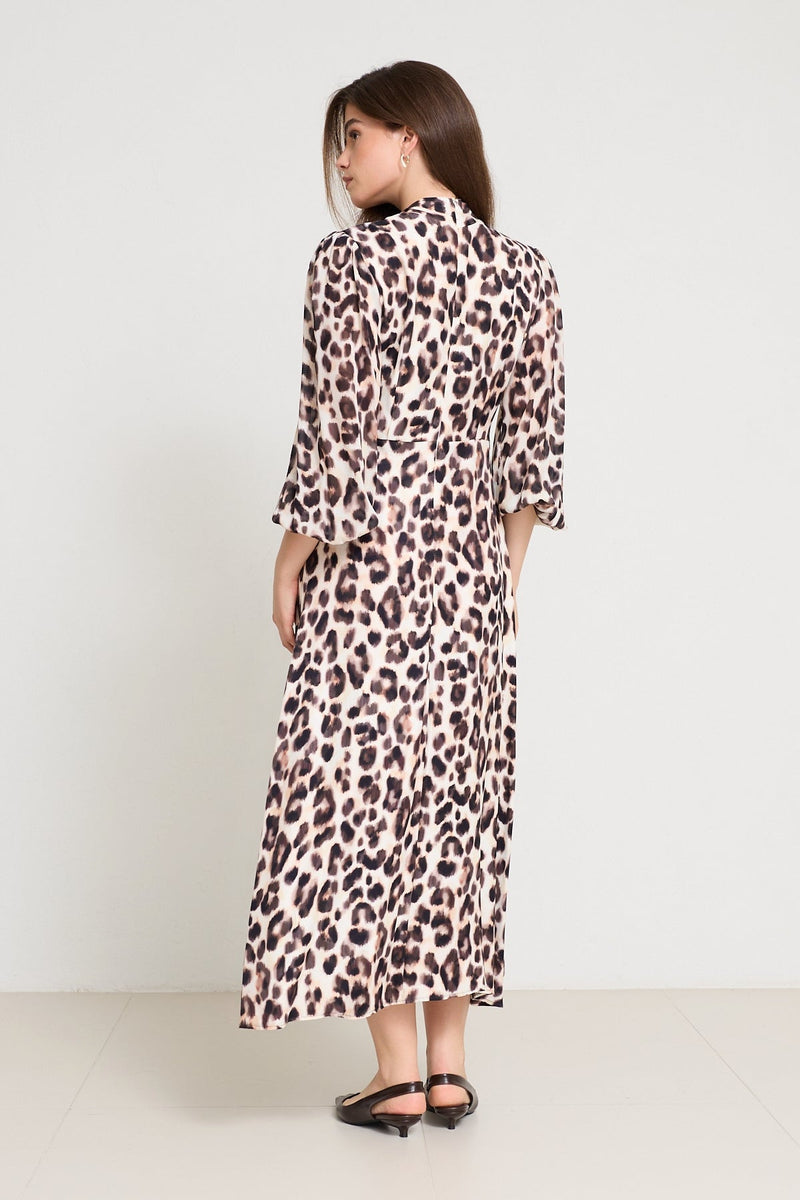 Setre Collar Detailed Leopard Print Dress Cream Multi