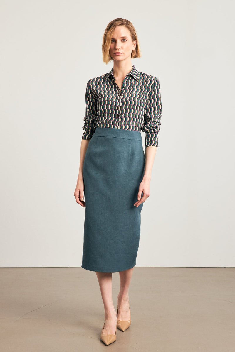 Setre Waist Fitted Midi Length Pencil Skirt Petrol